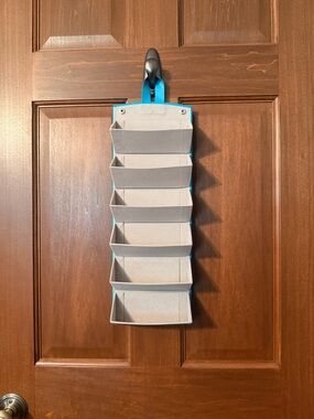 Over-Door 6-Pocket Organizer in Light Gray with Blue Trim
